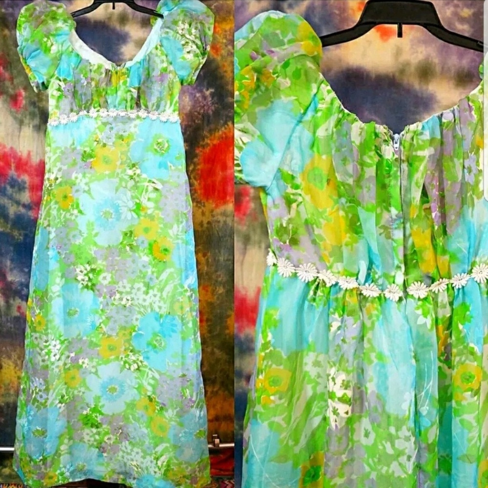 Vintage 1960s Hippie Woodstock Daisy Empire Maxi Dress - Picture 16 of 16